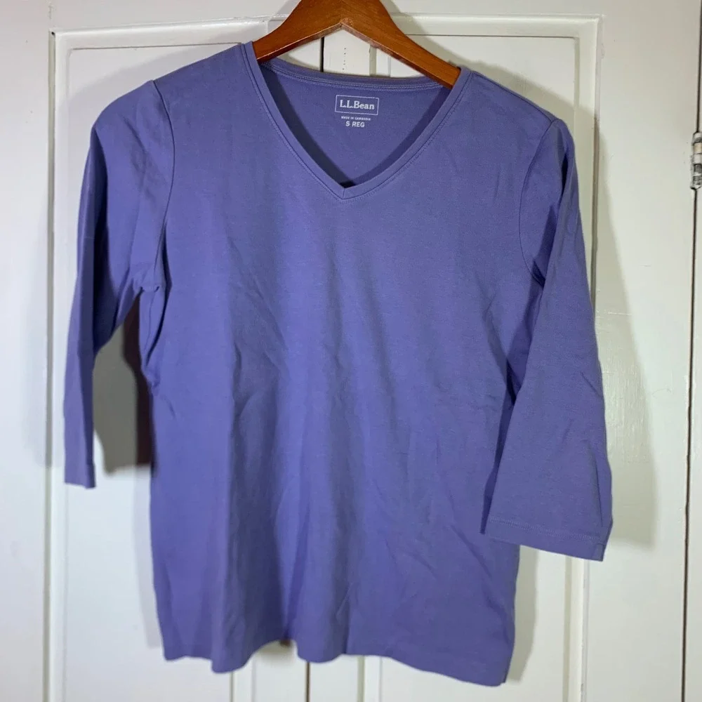 LL Bean Womens Small Purple V-Neck 3/4 Sleeve 100% Cotton Tee Shirt 244335